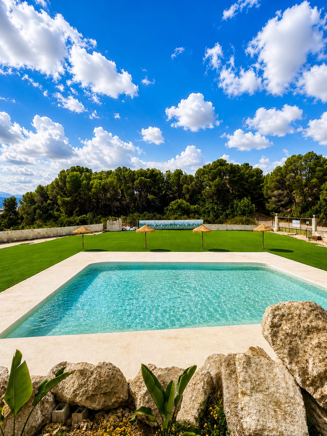 Piscina rodeada de césped, sombrillas y pinos