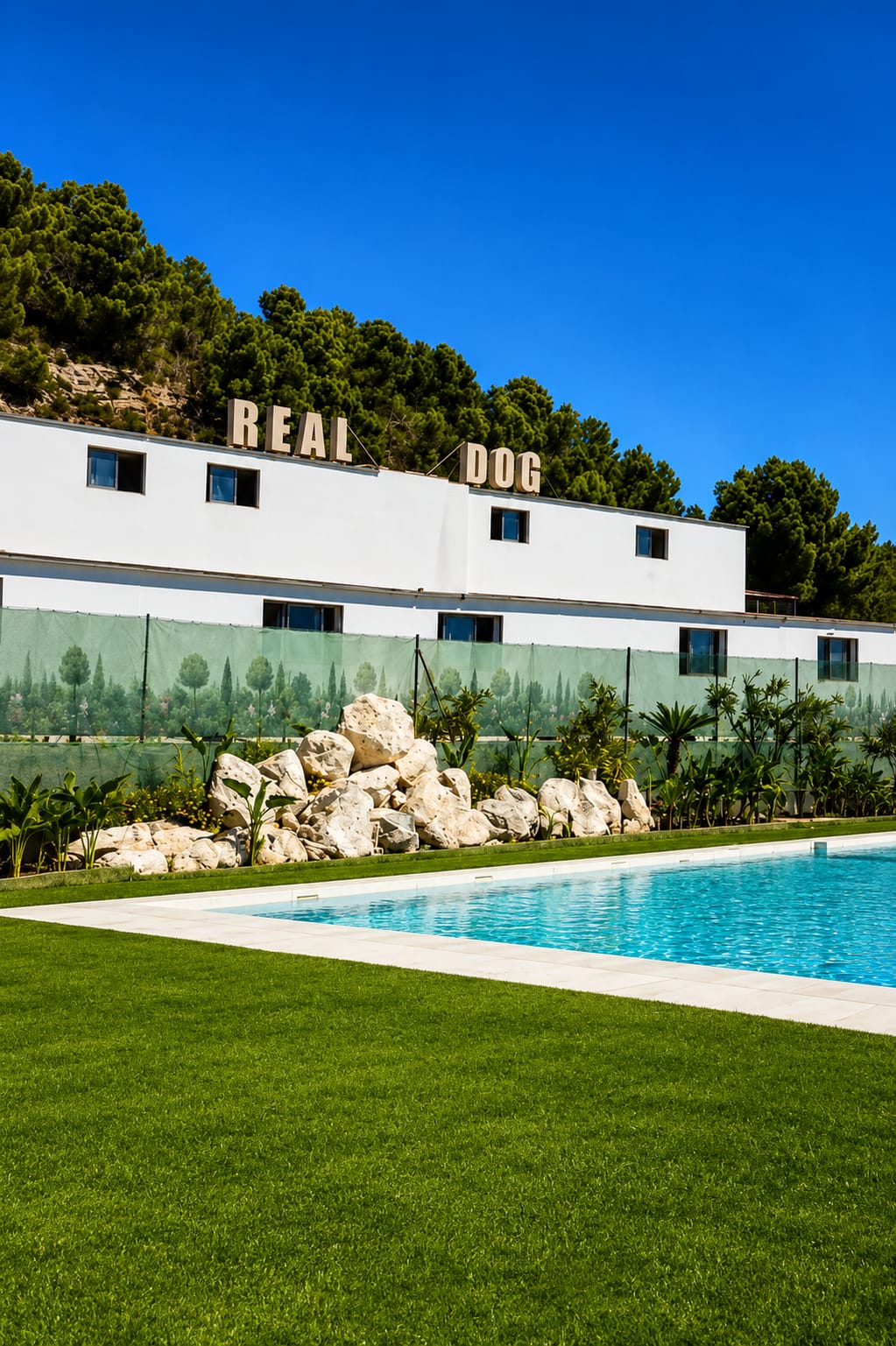 Fachada de Real Dog con su letrero, la piscina y el césped, rodeada de pinos